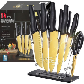 Golden Kinfe set,Marco Almond KYA23 14-Piece Dishwasher Safe Knife Set with Stand Kitchen Knives Stainless Steel